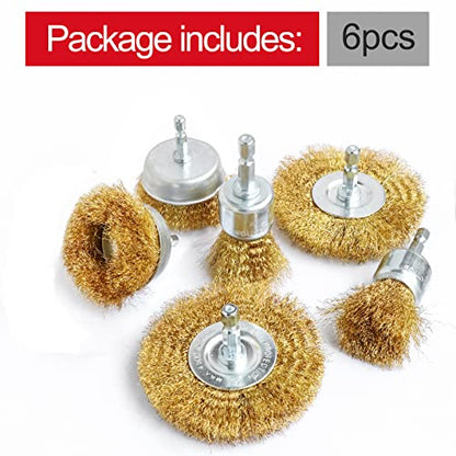 6PCS Brass Wire Wheel Brush Kit for Drill,Crimped Cup Brush with 1/4-Inch Shank,0.13mm True Brass Wire Brushes for Use in Machines