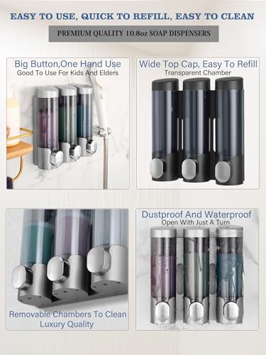 RANKADO Luxury Shower Soap Dispenser 3 Chamber No Drill,Soap Shampoo Conditioner Dispenser Bathroom Wall Mounted with Labels Hotel RV,Black - color: 320ml X 3（black）