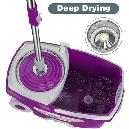 Dual Compartment Spin Mop and Bucket, Mop and Bucket with Wringer Set,360°Rotating Spinning Mopping for Floor Cleaning with 6 Microfiber Replacement Heads, 61" Extended Handle, 2X Wheel - size: Purple Mop Bucket + 6 Mop Heads