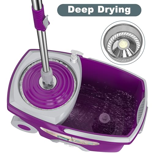 Dual Compartment Spin Mop and Bucket, Mop and Bucket with Wringer Set,360°Rotating Spinning Mopping for Floor Cleaning with 6 Microfiber Replacement Heads, 61" Extended Handle, 2X Wheel - size: Purple Mop Bucket + 6 Mop Heads
