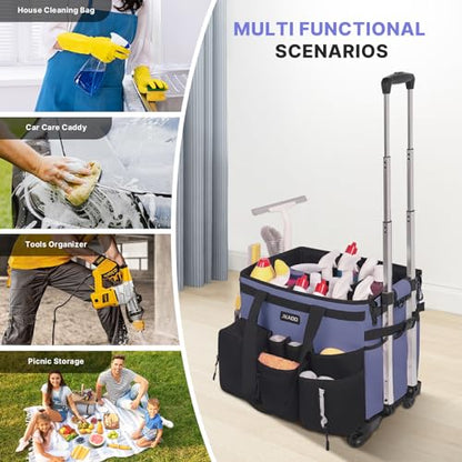 JKAOO Large Rolling Cleaning Caddy Bag with Detachable Trolley, Denim Blue | Waterproof Cleaning Caddy with Wheels, 40L Wheeled Organizer Cart for Supplies, Housekeepers, Home, Office, Car, Picnic - color: Denim Blue