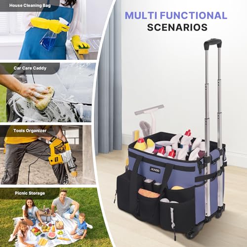 JKAOO Large Rolling Cleaning Caddy Bag with Detachable Trolley, Denim Blue | Waterproof Cleaning Caddy with Wheels, 40L Wheeled Organizer Cart for Supplies, Housekeepers, Home, Office, Car, Picnic - color: Denim Blue