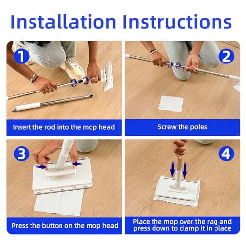 Hands Free Multi Purpose Flat Mop One Click Shark Tooth Grip | Zero-Touch Dirty Cloth Release, 48" Long Handle, Mini Mop Head Grip For Any Cloth, No Bending – Quick Hands-Free Cleaning. - color: 48in Long-handled Mini Mop