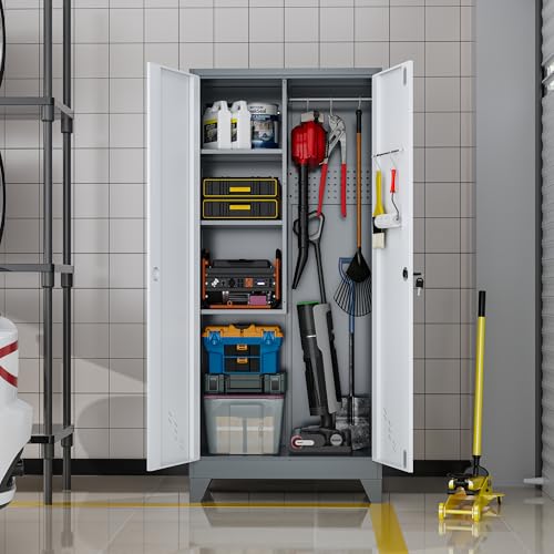 61" Metal Storage Cabinet with Lockable Doors, Cleaning Supply Cabinet with Pegboard and Hanging Rod. Garage Tool Storage Cabinets for Home, Laundry, Office, Home Kitchen Utility Cabinet - size: 61" Cabinet White & Gray