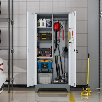 61" Metal Storage Cabinet with Lockable Doors, Cleaning Supply Cabinet with Pegboard and Hanging Rod. Garage Tool Storage Cabinets for Home, Laundry, Office, Home Kitchen Utility Cabinet - size: 61" Cabinet White & Gray