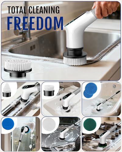 Dovety Electric Spin Scrubber, Shower Scrubber, Power Cleaner Tools with 8 Replaceable Brush Heads, Cleaning Brush with Extension Handle, 2 Adjustable Speeds, 90Mins Work Time for Home Bathtub-White - color: White