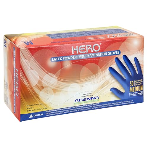 Adenna HER005 Hero 14 mil Powder-Free Latex Gloves, Extended Cuff, Medical Grade, Blue, Medium, Box of 50 - size: Medium (Pack of 50)