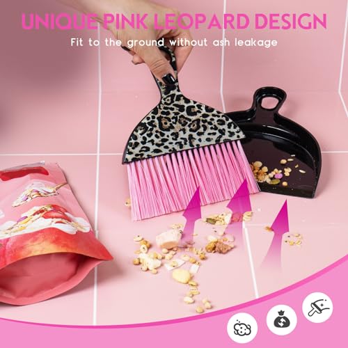 THINKLEARN 2PCS Small Dust Pan and Brush Set, Mini Broom Dustpan Kit | Portable Brush Dustpan Combo Set, Pink Leopard Print Design, Compact Cleaning Supplies - color: Pink