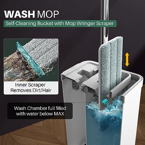 JOYMOOP Mop and Bucket with Wringer Set with 61" Mop Handle with Flexible 13" Flat Head with 10 pcs Microfiber Mop Pads - White