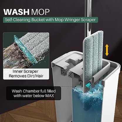 JOYMOOP Mop and Bucket with Wringer Set with 61" Mop Handle with Flexible 13" Flat Head with 10 pcs Microfiber Mop Pads - White