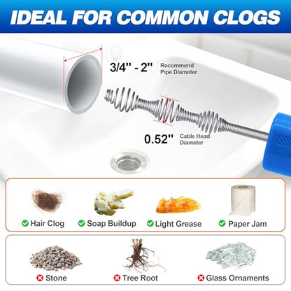 Drainsoon Auto Feed Drain Auger with Drill Adapter, 33 Feet Drain Snake Hair Clog Remover, Manual or Powered Plumbing Snake Drain Cleaner for Bathroom, Shower, Kitchen Sink, Comes with Gloves - color: Blue