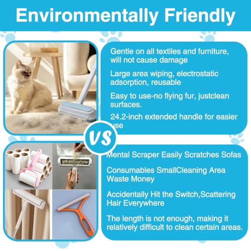 Pet Hair Remover 4 in 1, Reusable Long Handle Dog Hair Remover Brush, 24Inch Reusable Lint Brush for Dog and Cat Hair, Washable Lint Cleaner on Couches, Carpets, Car Seat, Clothes, Bedding