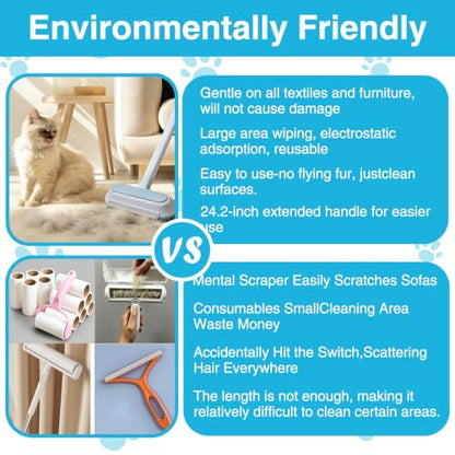 Pet Hair Remover 4 in 1, Reusable Long Handle Dog Hair Remover Brush, 24Inch Reusable Lint Brush for Dog and Cat Hair, Washable Lint Cleaner on Couches, Carpets, Car Seat, Clothes, Bedding