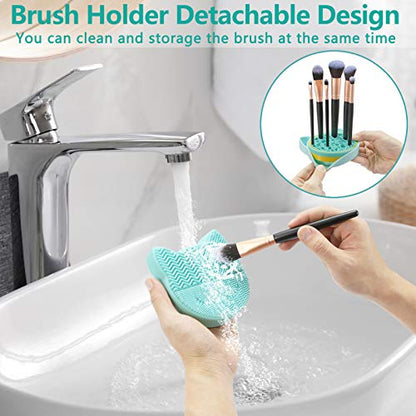 TailaiMei 2 in 1 Makeup Brush Cleaning Mat With Drying Holder, Silicon Cat Shaped Cleaner Pad, Cosmetic Organizer Rack, Portable Washing Tool for Makeup (Green) - color: Green, Cleaner sponge with brush holder