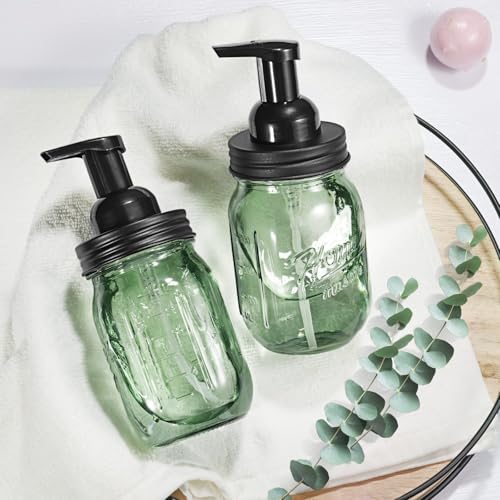 SheeChung 16 Oz Mason Jar Foaming Soap Dispenser, Stainless Steel Lid, BPA Free Pump, Green Glass Foam Hand Soap Dispenser, Refillable Liquid Foam Dispenser Bottle for Bathroom Kitchen-Black, 2 Pack - color: Regular Mouth, Black-2 Pack