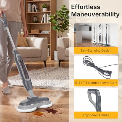 NEWBULIG Steam Mop, All-in-One Steam Mops for Floor Cleaning with Rapid Re-heat, Self-Standing Floor Steamer, 4 Rotating Scrub Pads, 2 LED Headlights, for Hardwood Floors & Tile