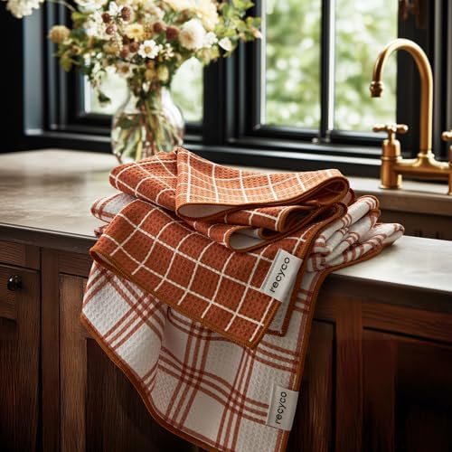 RECYCO Waffle Kitchen Towel Set of 2 - Quick Dry Microfiber Sustainable Dish Towels - Ultra Absorbent Reusable Cleaning Tea Towels - Lightweight Hand Towels,16”x 28”, Farmhouse Plaid - color: Farmhouse Plaid
