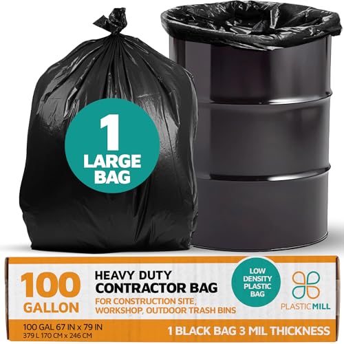 PlasticMill Contractor Bags Heavy Duty - Commercial, Industrial Garbage Bags - Black Construction Trash Bags - Outdoor, Garden Trash Bags, 100-Gallon, 3 Mil, 67"x79" (1-Count) - color: Black