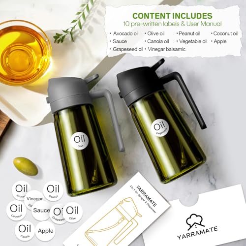 YARRAMATE 16oz/470ml Dark Green Oil Sprayer for Cooking with Stickers, Food-grade Premium 2 in 1 Olive Oil Dispenser Bottle for Kitchen Gadgets, Air Fryer, Salad, Frying, BBQ (Grey) - color: 10_Grey