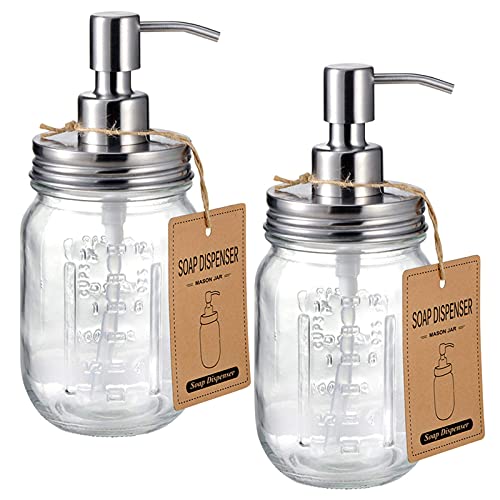 Amolliar Mason Jar Liquid Soap Dispenser, Stainless Steel Mason Jar Lid & Pump, Refillable Hand Soap Dispenser, Lotions, Dish Soap Bottle for Kitchen Bathroom, Bathroom Decor, Brushed Nickel 2 Pack - color: Brushed Nickel, size: 2 Pack