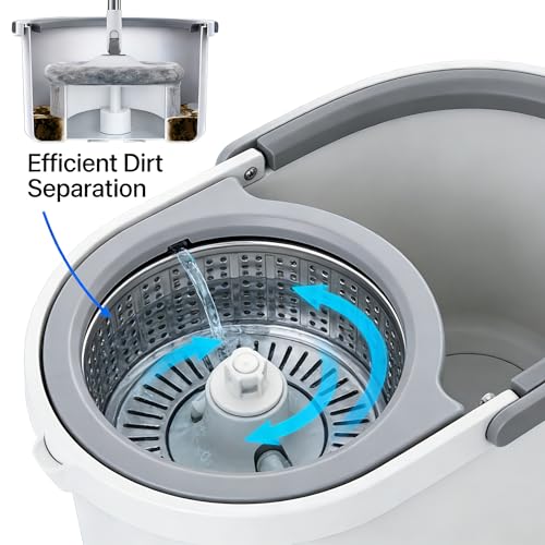 Spin Mop and Bucket System with 2 Microfiber Mop Heads, 360° Rotating Floor Mop for Wet and Dry Cleaning, Adjustable Stainless Steel Handle, Compact Cleaning Set for Hardwood, Tile, Laminate, Grey