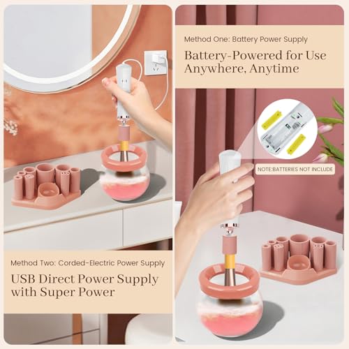 RICRIS Electric Makeup Brush Cleaner and Dryer Machine - Super Fast Clean and Dry Make Up Brushes - Automatic Cosmetic Brush Spinner Washer Tools - color: White-Peach