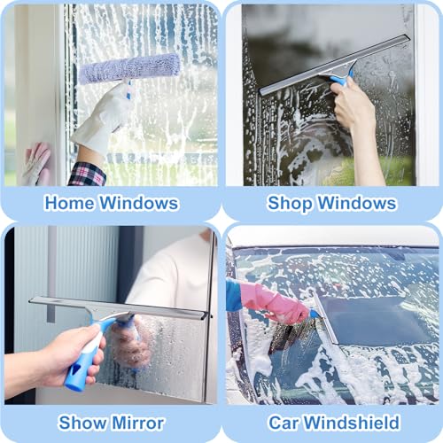 Mitclear Professional Window Cleaning Kit 14IN, Windows Cleaner Tool with Silicone Squeegee, Microfiber Scrubber & Cloth, Window Washing Equipment or Home Shower Glass Doors Car Windshield - size: 14 IN
