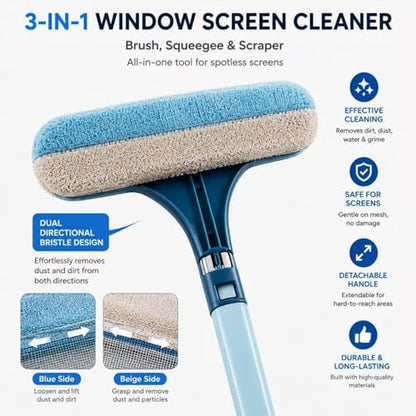 3 in 1 Window Screen Cleaner, Mesh Window Screen Cleaning Brush with Squeegee, Multi-Purpose Tool for Patio, Door and Porch Screens (Blue)