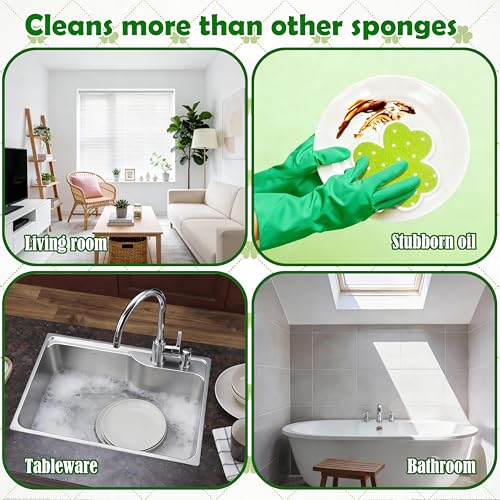 8Pcs St. Patrick's Day Kitchen Sponges Shamrock Clover Shaped Non Scratch Dish Washing Sponges Dot Pattern in 4 Colors for Irish Home Kitchen Cleaning