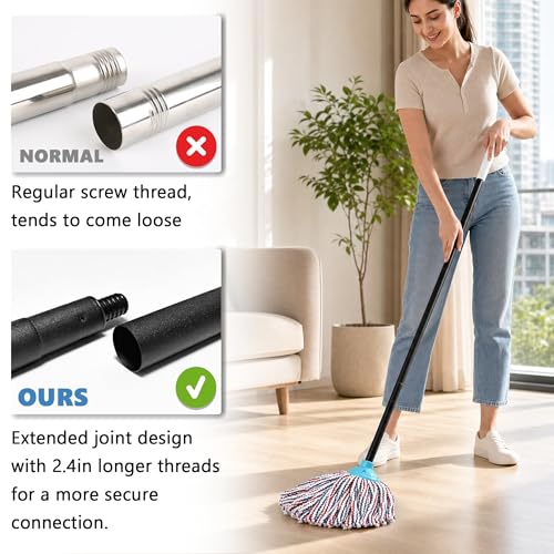 Indoor Cotton Mops for Floor Cleaning, 52" Long Handle Cotton Mop, Cleaning Mops for Tiles and Hardwood Floor, Household Mop for Kitchen, Bathroom, Garage, Tile & Hardwood Floors（Red Blue White）