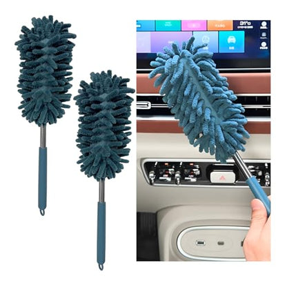 2PCS Car Interior Duster with Extension Pole, 11.8" to 30.5" Retractable Dusters Auto Dash Cleaning Tool, Soft Chenille Hand Washable Dusters for Car Window Furniture Office (Navy Blue) - color: Navy Blue