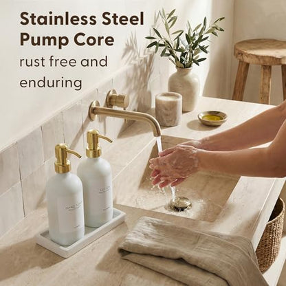 MaisoNovo Soap and Lotion Dispenser Set - Bathroom Soap Dispenser Set with White Soap Dispenser, Gold Pumps & Ceramic Tray - color: White Bottles/ Golden Pumps/ White Ceramic Tray