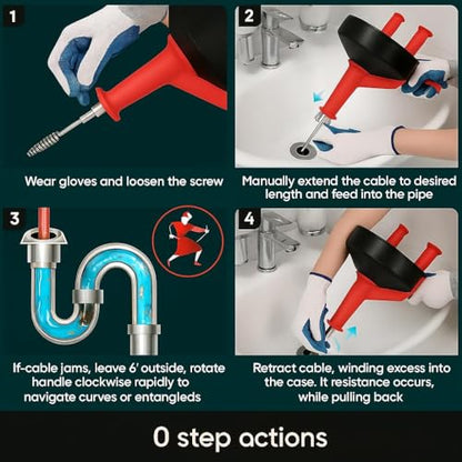 42 FT Drain Snake Hair Drain Clog Remover, Manual Or Powered, Plumbing Snake With Drill Adapte,Unclog Sink Drain Tool, Drain Auger for Toilet、Shower、Kitchen、Sink, No Auto Retract Or Feed, Red - color: Red