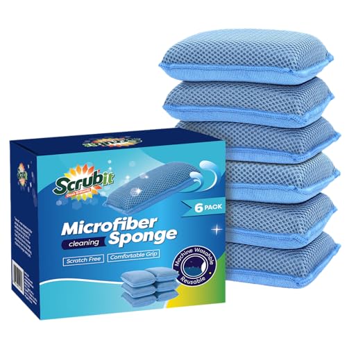 Miracle Microfiber Kitchen Sponge by Scrub-It (6 Pack) - Non-Scratch Heavy Duty Dishwashing Cleaning sponges- Machine Washable - (Blue) - color: Blue