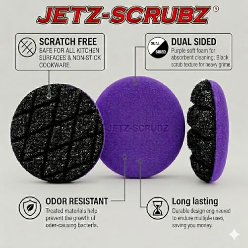 Jetz-Scrubz Scratch-Free Kitchen Scrubber Sponge – Dual Sided Non-Scratch Dish Cleaning Sponge for Cookware, Dishes & Kitchen Surfaces – Odor Resistant, Reusable – Round Scrub Sponges (3 Pack, Purple) - color: Purple