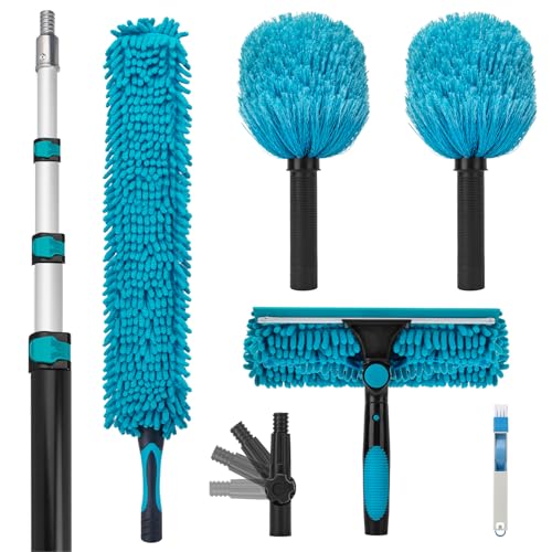Cobweb Duster with 5-12 Ft Extension Pole, Spider Web Brush with Long Telescoping Pole for 20 Feet Reach, Window Cleaning Squeegee with Scrubber, High Ceiling Fan Dusters
