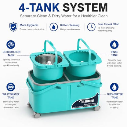 2026 Upgraded Easy-Use Spin Mop for Cleaner, Clean & Dirty Water Separation Mop Bucket for Pet & Family Homes,360° Swivel Wheels, Safe for Hardwood & Tile, Adjustable Handle,1 Reusable Mop Heads - size: RinseWise Spin Mop Bucket + 1 Extra Refill