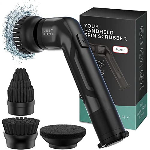 JULY HOME Handheld Electric Spin Scrubber, Cordless Automatic Power Scrubber for Shower, Cleaner for Tile, Grill, Dish, Sink, Shower Scrubber with 3 Brush Heads (Packaging May Vary, Black) - color: Black, size: Handheld