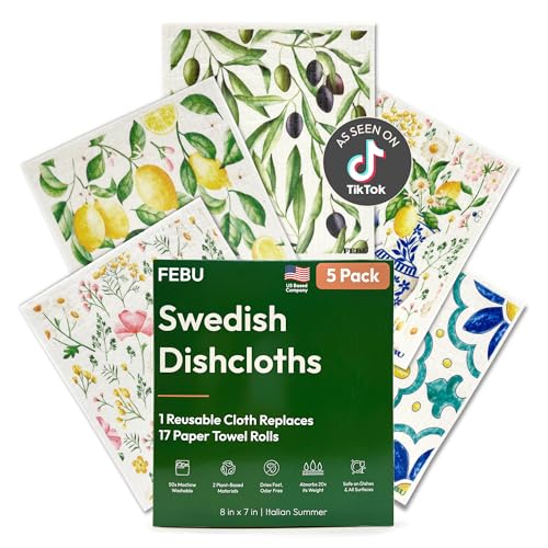 FEBU Swedish Dishcloths for Kitchen | 5 Pack Italian Summer Reusable Paper Towels Washable | Swedish Dish Towels | Non-Scratch Cellulose Sponge Cloths | No Odor, Biodegradable Cleaning Cloths - color: Italian Summer