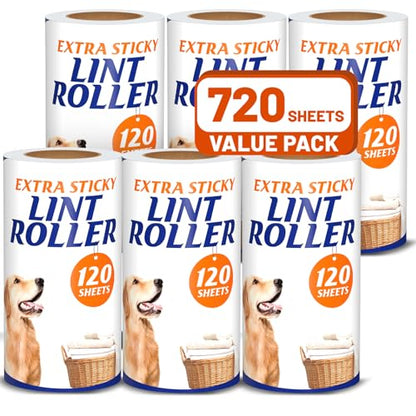 Lint Roller Refills for Pet Hair, 720 Sheets, 6 Rolls, No Handle | 6 Replacement Rolls, No Handle Included, Extra Sticky Refills for Pet Hair, Clothes, Couch and Furniture - size: 6 Refills + 720 Sheets