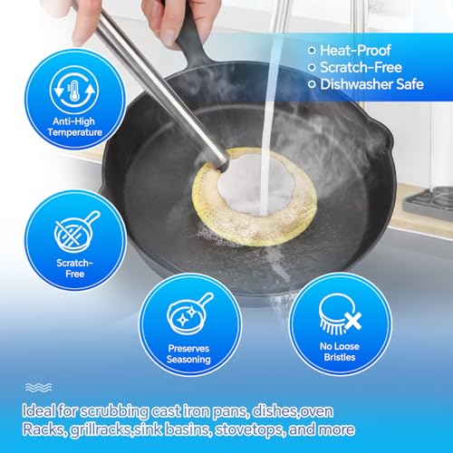 Kitchen Cleaning Brush with Handle, Non-Scratch Preserve Seasoning for Wok, Cast Iron Skillet, Pans, Oven Racks, Air Fryer, Jars - Stainless Steel Handle