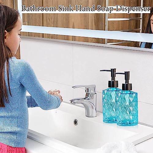 Clear Ocean Blue Glass Soap Dispenser with Plastic Pump, 2 Pack 12oz Diamond Design Bathroom Soap Dispenser for Hand Wash, Lotion Dispenser & Dish Soap Dispenser for Kitchen and Bathroom - color: Diamond Blue
