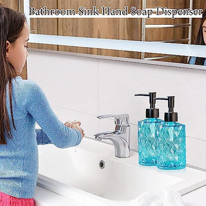 Clear Ocean Blue Glass Soap Dispenser with Plastic Pump, 2 Pack 12oz Diamond Design Bathroom Soap Dispenser for Hand Wash, Lotion Dispenser & Dish Soap Dispenser for Kitchen and Bathroom - color: Diamond Blue