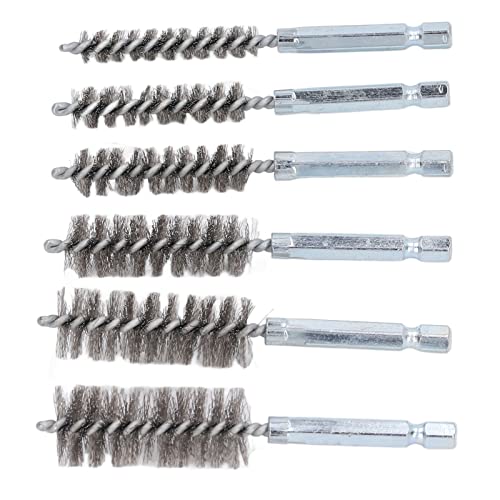 6 Piece Bore Cleaning Brush Set 1/4 Inch Hex Shank for Drill Impact Driver and 8-19mm Diameter Applications - size: Steel Wire (Silver)