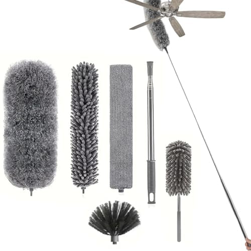 Microfiber Feather Duster Kit with 100” Extension Pole 6 PCS Reusable Bendable Washable Dusters for Cleaning Machine Washable Ceiling Fan Cleaner Duster for Cleaning Cobweb, Furniture, Blinds，Ceiling