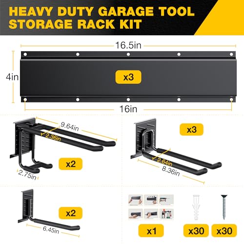 Garage Tool Organizer Wall Mount with 48 inches Rails and 7 Adjustable Heavy-Duty Hooks, Garden Tool Organizer, 10 Pack Carries 440 lbs, Heavy Duty Garage Storage Rack For Yard, Shed, Easy to install - size: 48 inch with 3 Panels & 7 Hooks