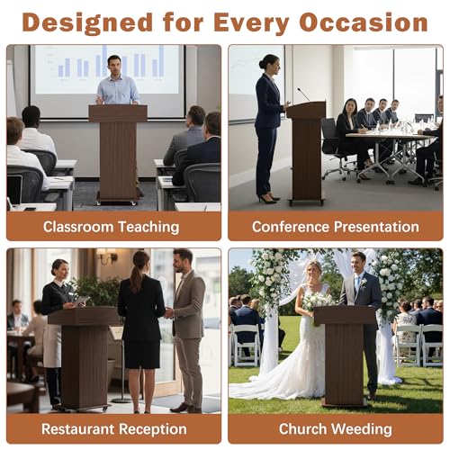 Podium Stand with Metal Wheels Wooden Lectern Podium Stand Portable Pulpit Standing with Storage Mobile Reception Podiums for Church Office School Conference Restaurant Meeting,Brown+Black - color: Brown& White