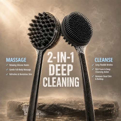 Silicone Back Scrubber for Shower, 17" Lengthen Long Handle Body Brush, Double Sided Shower Brush for Shower Exfoliating and Massage, Can Produce Rich Foam, Non Slip Grip Back Scrubber for Men - color: Black