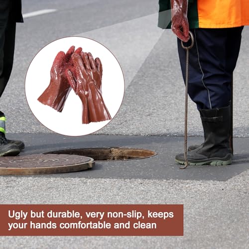 XIHIRCD 4 Pairs Sewer Gloves, Anti-Slip PVC Plumbing Gloves Abrasion Resistant Snake Gloves Waterproof Drain Cleaning Gloves for Women Men Plumber Accessories (Brown)