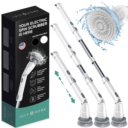 JULY HOME Electric Spin Scrubber with Adjustable Extension Shower Scrubber Brush, Cordless Automatic Power Scrubber for Shower, Cleaner for Tile, Floor, Long Handle & 3 Brush (Packaging May Vary) - color: White, size: Long Handle